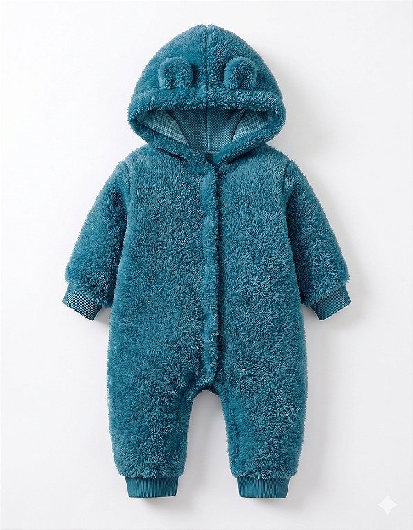Macacão Bebê Teddy Peluciado com Capuz Turquesa