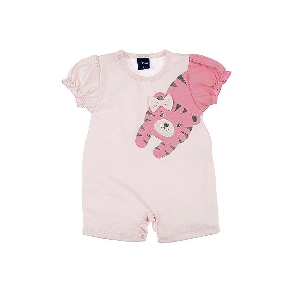 Macacão Bebê Curto Verão Rosa Tigrinho