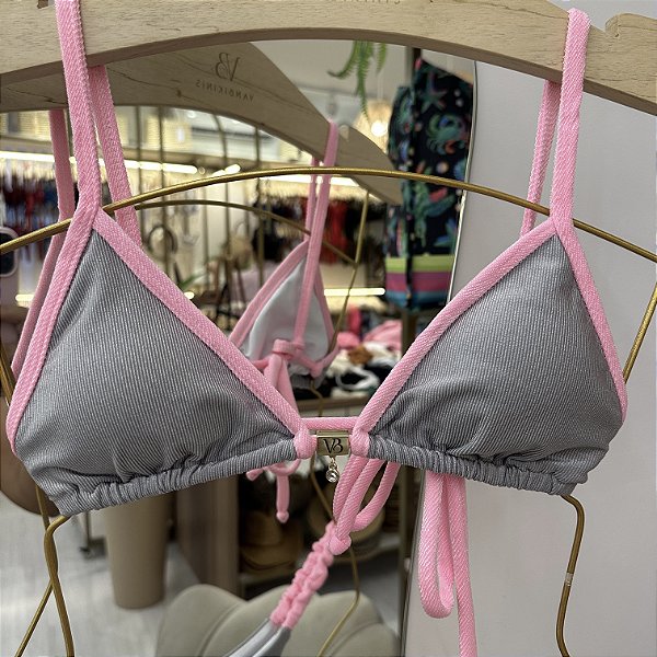 Cortininha com Bojo Removível tecido Capri prata e rosa 018 ( CALCINHA NÃO INCLUSO)