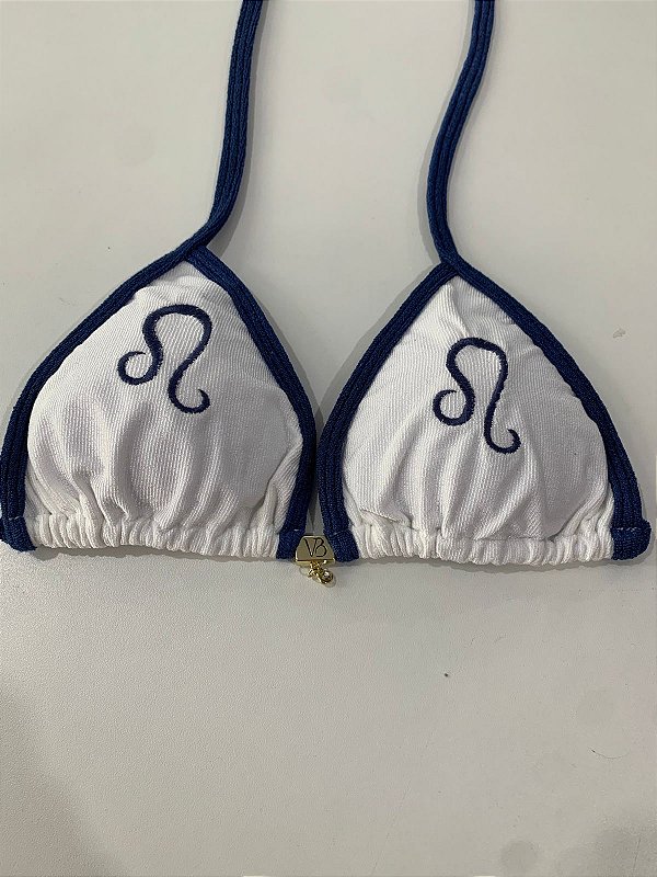 Cortininha 018 com bojo removível off white e detalhes marinho com bordado signo Leão