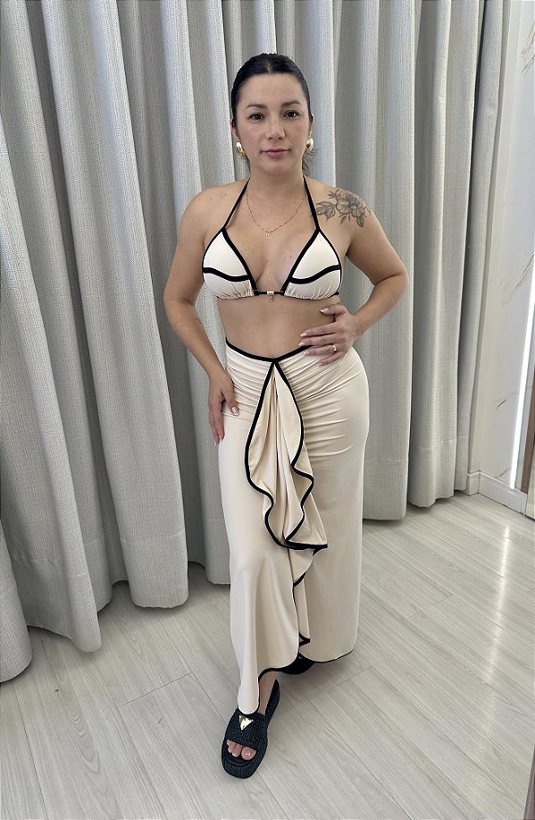 Saia Ipanema off white com viés preto