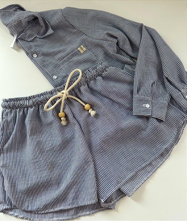 Camisa + shorts bolso micro linho listras marinho