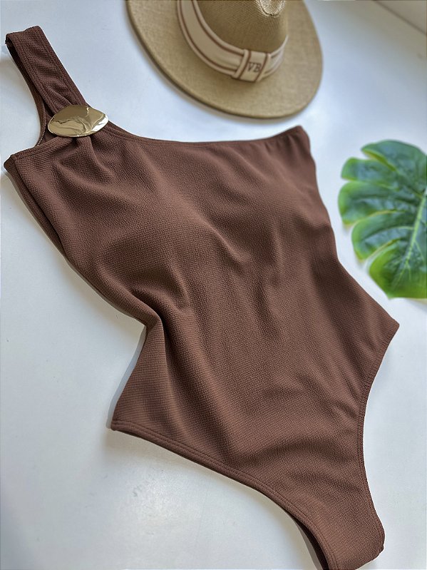 Maiô canes marrom com argola organica um ombro só 810