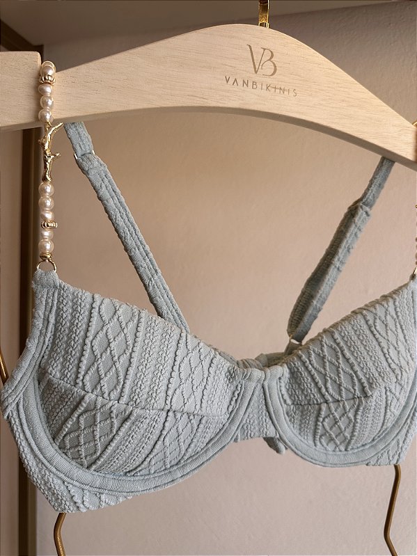 Meia Taça com detalhes alças pérolas e Bojo Maleável 093 aro tecido Aruba azul (CALCINHA NÃO INCLUSO)