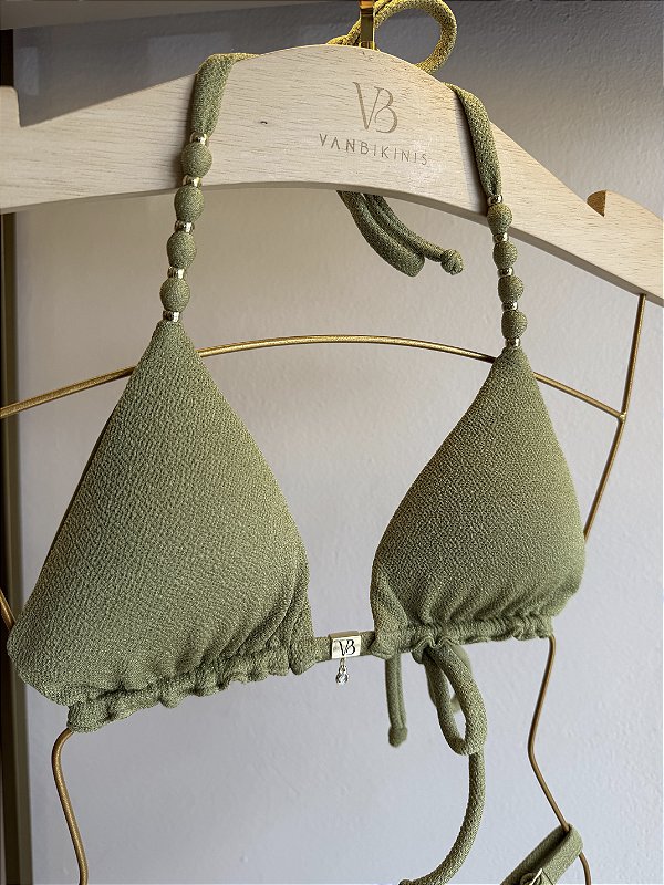 Cortininha 004 com Bojo Removível tecido Tulum pistache com miçangas alças ( CALCINHA NÃO INCLUSO)