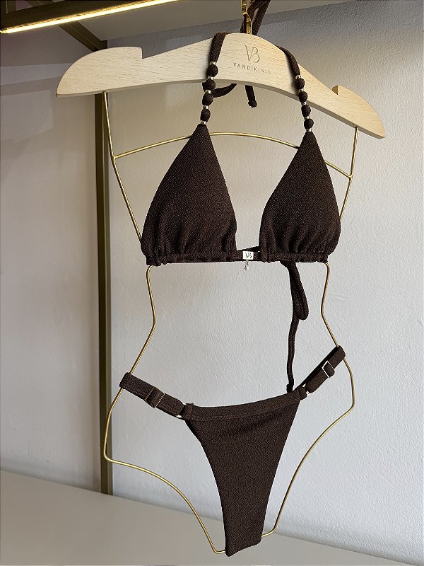 Cortininha 004 com Bojo Removível tecido Tulum chocolate com miçangas alças ( CALCINHA NÃO INCLUSO)