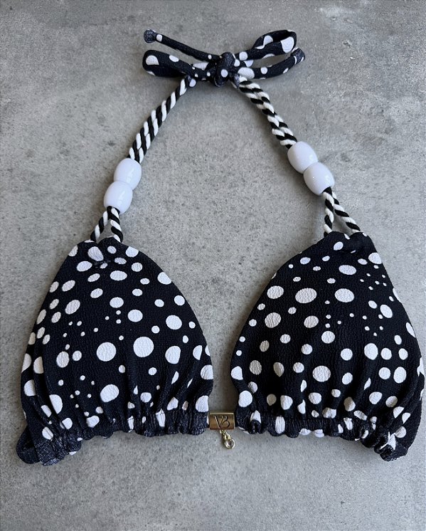 Top cortininha com bojo detalhes trançados e miçangas alças com bojo removível Tecido Lumiere poa preto(CALCINHA NÃO INCLUSO)