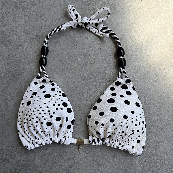 Top cortininha com bojo detalhes trançados e miçangas alças com bojo removível Tecido Lumiere poa off(CALCINHA NÃO INCLUSO)