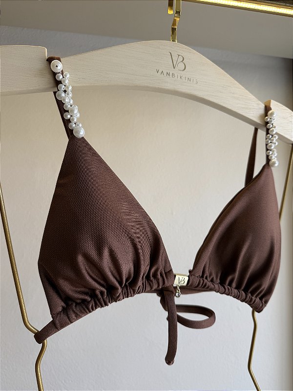 Top cortininha com bojo removível 004 com bordado pérolas Amalfi marrom (CALCINHA NÃO INCLUSO)