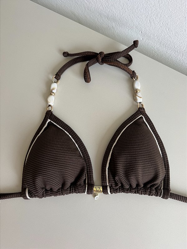 Top cortininha 018 friso e detalhes pedras alça Celinne marrom e off (CALCINHA NÃO INCLUSO)