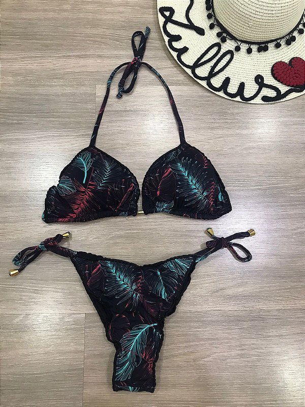Biquini cortininha amarrar folhas vermelho verde