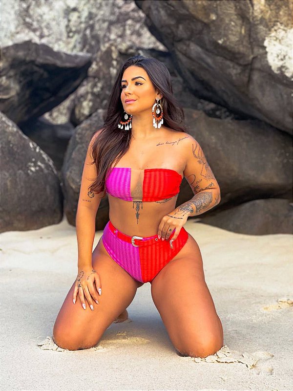 Biquini tomara que caia hot pant (pink vermelho)