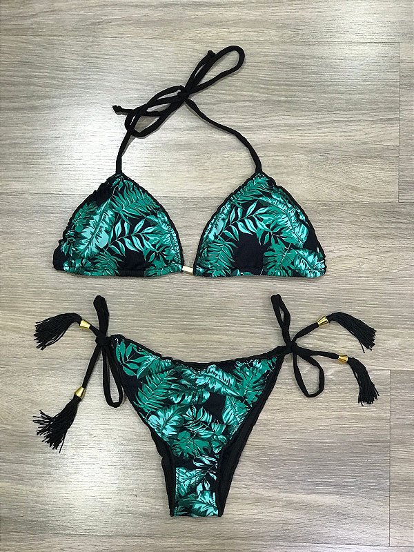 Biquini cortininha amarrar folhas verde