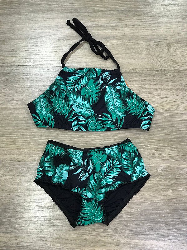Biquini cropped infantil  folhas verde