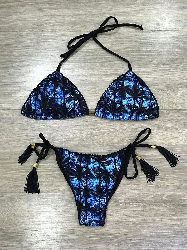 Biquini cortininha coqueiros azul