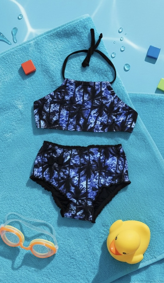 Biquini cropped infantil coqueiros azul