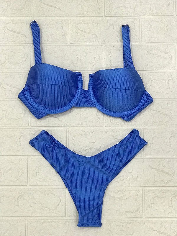 Biquini meia taça canelado azul