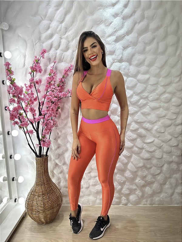 Conjunto fitness aveludado (laranja pink)