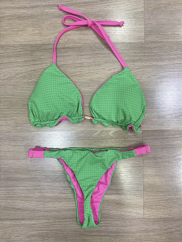 Biquini Cortininha Dupla Face Dots - Verde com Pink