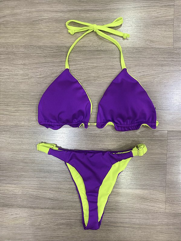 Biquini Cortininha Dupla Face Trilobal - Roxo Com Neon
