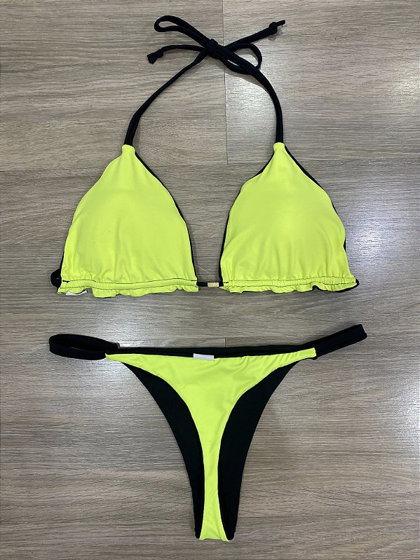Biquini Cortininha Dupla Face - Preto e Neon