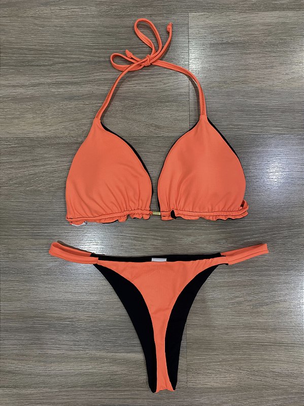 Biquini Cortininha Dupla face - Preto Com Laranja