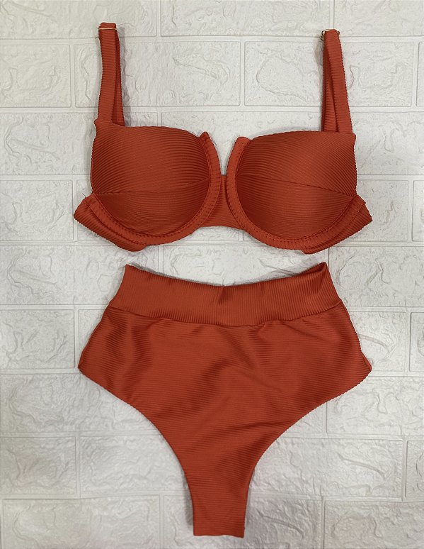 Biquini meia taça hot pant canelado laranja