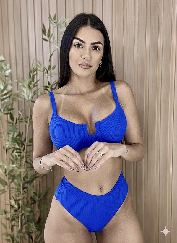 Biquini meia taça hot pant canelado - Azul Bic
