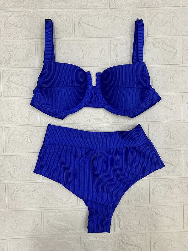 Biquini meia taça hot pant canelado - Azul Bic