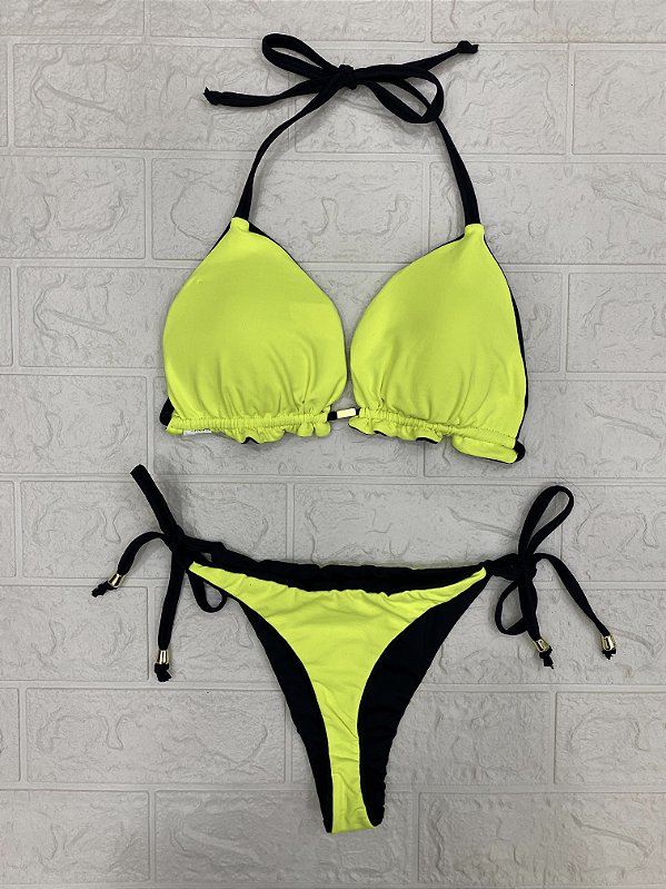 Biquini cortininha dupla face amarrar - preto com neon