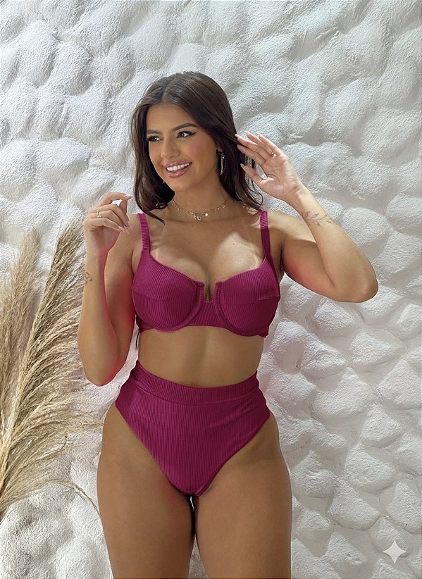 Biquini meia taça hot pant canelado - marsala