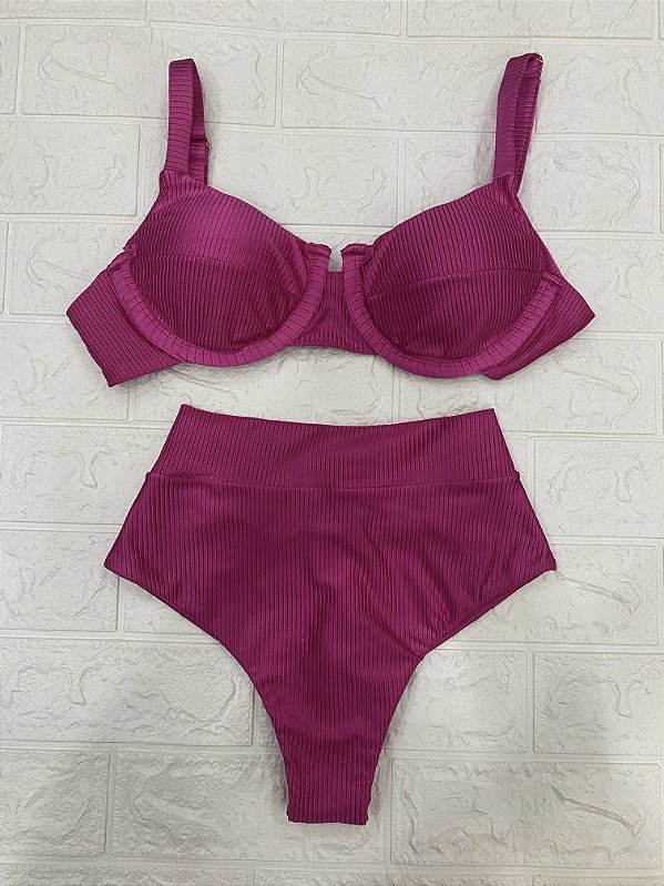Biquini meia taça hot pant canelado  - marsala