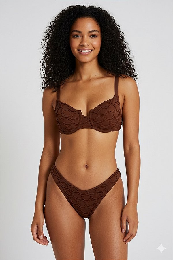 Biquini Meia Taça Arrastão Macramê Marrom