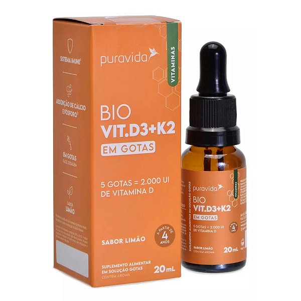 Vitamina D3 + K2 em gotas - Puravida 20ml