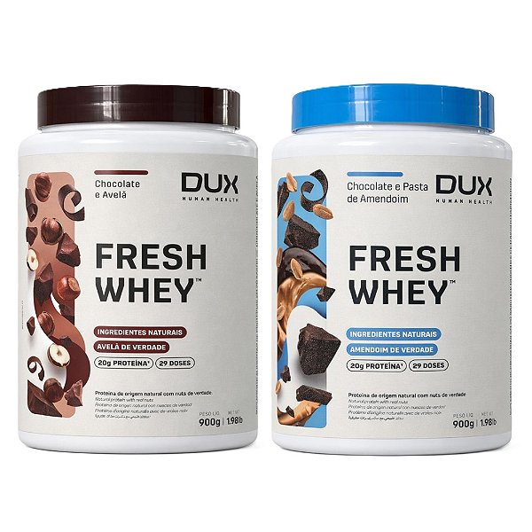 2x FreshWhey - Chocolate Avelã e Chocolate com Pasta de Amendoim - DUX 900g