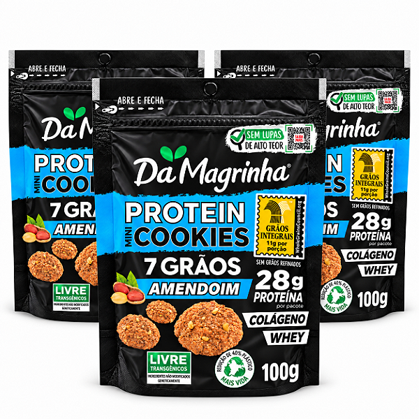 3x Mini Cookies Protein 7 Grãos Amendoim - Da Magrinha 100g