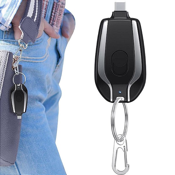 Chaveiro Carregador De Emergência Portátil Para Celular 1500 mah Para Iphone E Tipo C