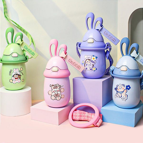 Garrafa Termica Infantil Orelhinhas De Coelho Aço Inox Com Canudo 350ML