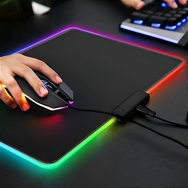 Mouse Pad Gamer Com Borda Iluminada LED RGB 7 Cores – 25cm x 35cm