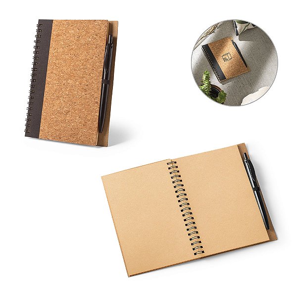 Caderno B6 em cortiça e rPET com folhas lisas recicladas