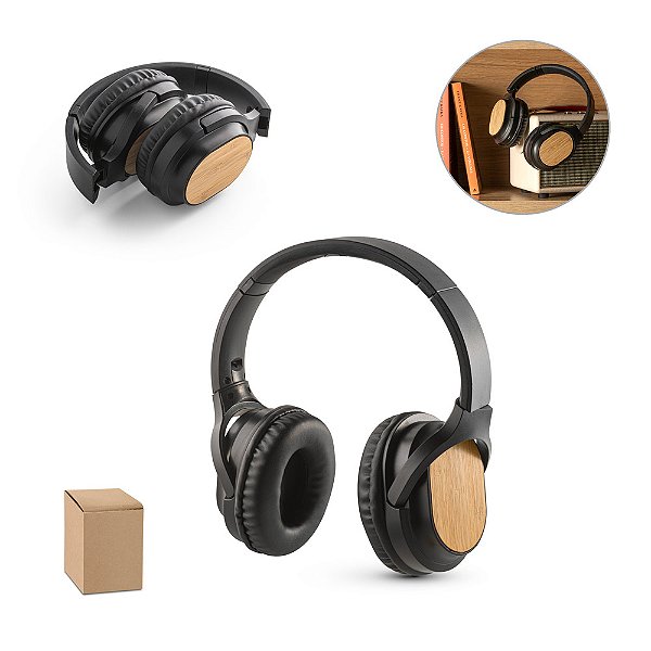 Fones de ouvido wireless em bambu e ABS