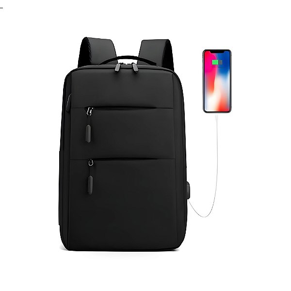Mochila Executiva USB com 2 Zíperes Frontais e Espaço para Notebook