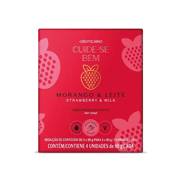 Kit Sabonetes em Barra Cuide-se Bem Morango e Leite 4x80g Cada