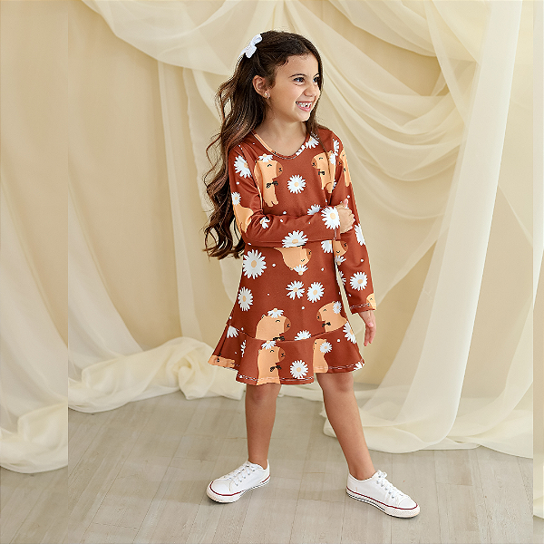 Vestido feminino infantil manga longa capivara
