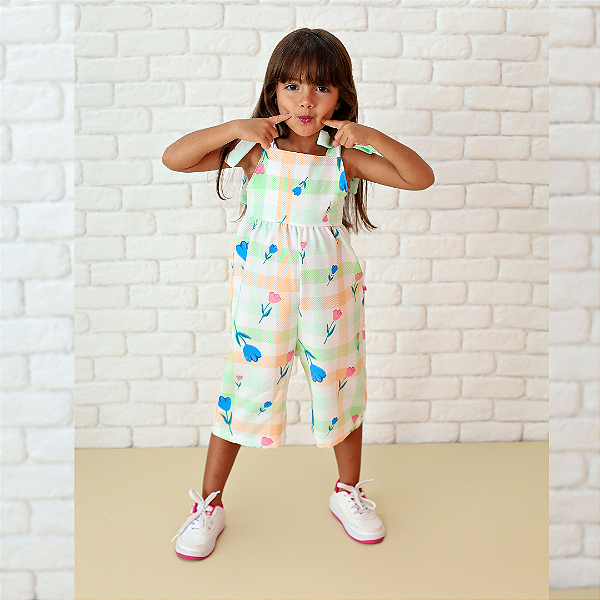 Macacão Infantil Feminino Xadrez com Estampa Floral – Look Estiloso e Fresquinho para Meninas
