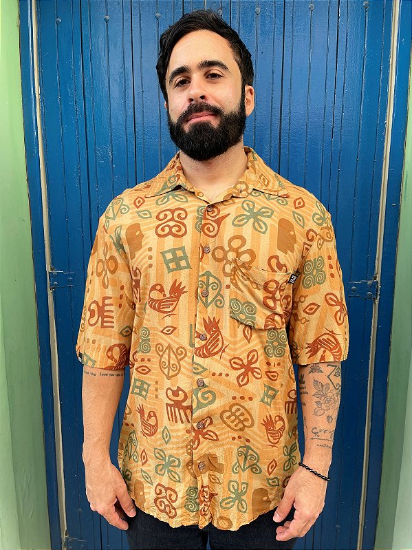 Camisa de Botão Estampa Africana Adinkra l Viscose