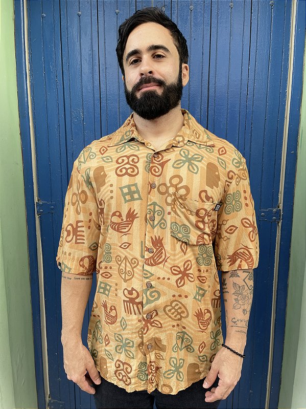 Camisa de Botão Africana Adinkra l Viscose