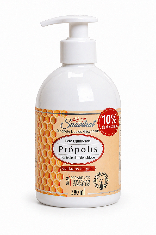 Sabonete Líquido Suavitrat Própolis 380ml. Preço especial: 10% de desconto nesta embalagem.