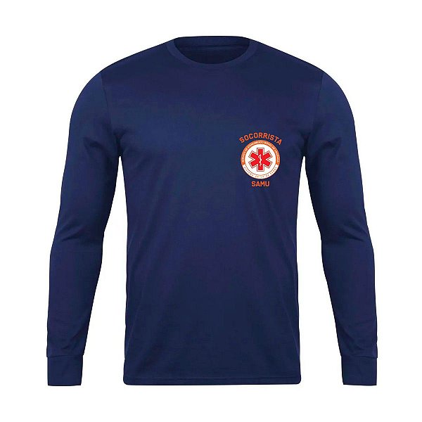 Camiseta Camisa Manga Longa Socorrista Samu Azul Malha Fria