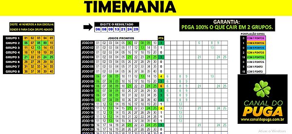 Planilha Timemania - 40 Dezenas Fechando 7 Pontos Em Grupos